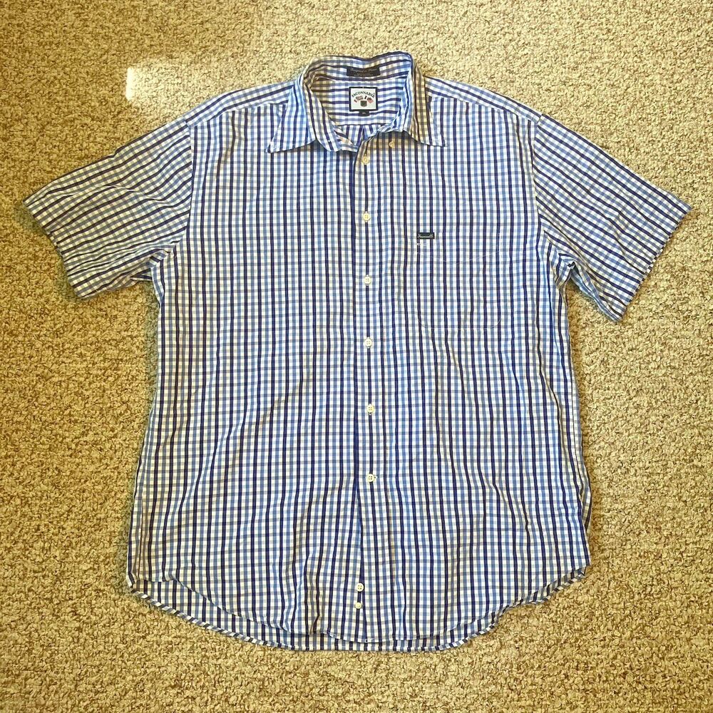 Faconnable Shirt Men XL Blue Plaid Classic Short Sleeve Professional Work France